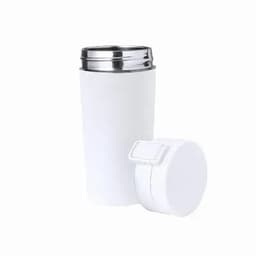 A drink bottle in white with a silver rim and a matching lid, featuring a logo.
