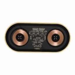 A wireless charger featuring two charging pads with a black and gold design. It has a logo on the surface.