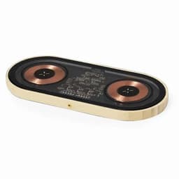 A wireless charging pad with a wooden base and two copper charging coils prominently featured.