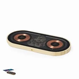 A wooden wireless charger with two circular charging pads, featuring a sleek black surface. It has branding displayed on top.