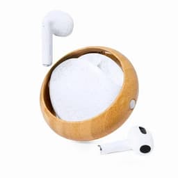 A bamboo charging case with white wireless earbuds, featuring a sleek design and a minimalist aesthetic.