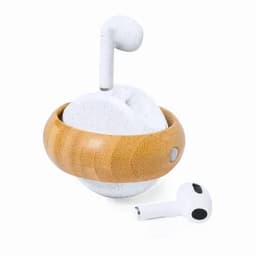A wireless earbud case in white with a bamboo outer ring, featuring two wireless earbuds partially visible.