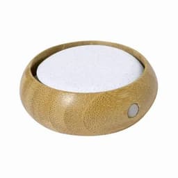 A round bamboo container with a smooth white lid and a small button on the side.