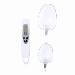 A digital tool in white with a display and two clear attachments beside it.