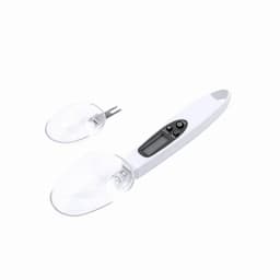 A digital measuring spoon in white with a transparent scoop and a small detachable bowl. It features a display and buttons.