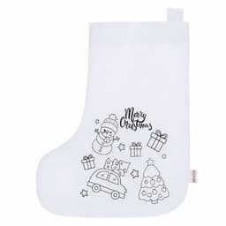 A white Christmas stocking featuring outlined designs of a snowman, presents, a car, and a Christmas tree.