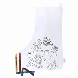 A Christmas stocking in white, featuring a colouring design surrounded by crayons in red, yellow, and green.