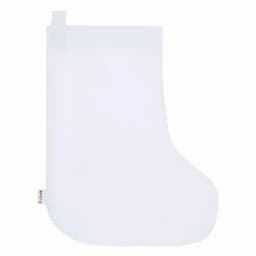 A white Christmas stocking with a simple design and a small label at the bottom.
