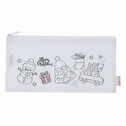 A white pencil case featuring Christmas-themed illustrations, including a snowman, tree, gifts, and a car.