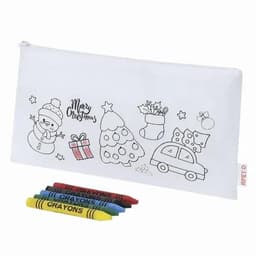 A white pencil case with Christmas-themed designs and a set of six coloured crayons in various colours.