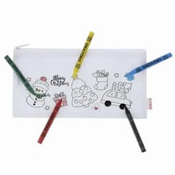 A white pencil case featuring Christmas-themed drawings with five crayons in yellow, green, red, and black.