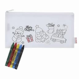 A clear pencil case featuring Christmas-themed designs, accompanied by five brightly coloured crayons.