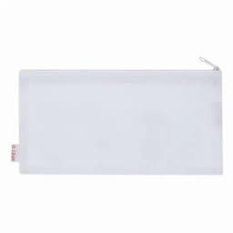 A transparent zip pouch with a smooth surface, ideal for storing small items. It features a zipper closure and a discreet logo.