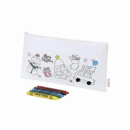 A white pencil case featuring Christmas-themed illustrations and five coloured crayons in red, yellow, green and blue.