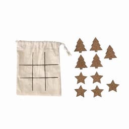 A game set featuring a drawstring bag with a grid and ten wooden stars and trees in a natural finish.
