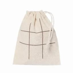 A drawstring bag made of natural fabric, featuring a simple grid pattern in brown on a cream background.