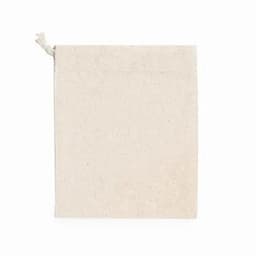 A textured, cream-coloured pouch with a tie closure, featuring a natural look and minimalistic design.