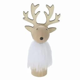 A decorative figure resembling a deer with wooden antlers, featuring a white fluffy body. It has a simplistic design.