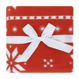 A red fleece blanket with a white ribbon tied around it, featuring a snowflake pattern.