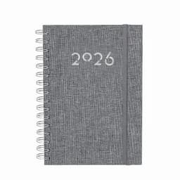 A grey spiral-bound diary with the year 2026 embossed on the cover and an elastic closure band.