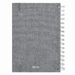 A grey spiral-bound notebook with a textured cover, featuring a branding logo at the bottom.