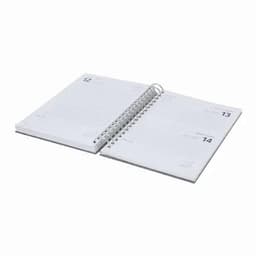 A spiral-bound diary with white pages, featuring calendar dates and sections for notes.