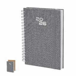 A grey spiral-bound notebook with a textured cover and the year "2026" printed on the front. It includes a smaller notebook beside it.