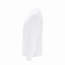 A long-sleeved white shirt displayed from the side, featuring a simple design with no visible logos.