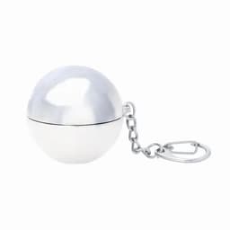 A silver round keychain capsule with a chain, featuring a shiny metallic finish.