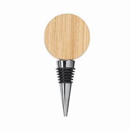 A drink bottle stopper featuring a circular bamboo top and a stainless steel conical base.