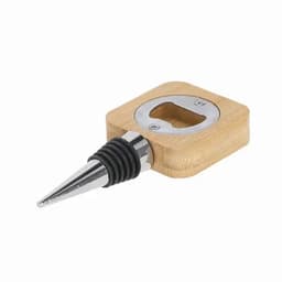 A bottle stopper featuring a wooden square base, a metal top with a bottle opener, and a stainless steel cone.