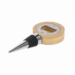 A bottle stopper with a bamboo top and metal opener, featuring a black rubber grip.