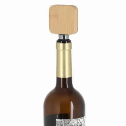 A drink bottle with a bamboo top, featuring a glass base and a decorative label. The colour is primarily brown.