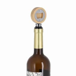 A drink bottle with a gold neck, topped by a wooden corkscrew design featuring a circular metal opening.