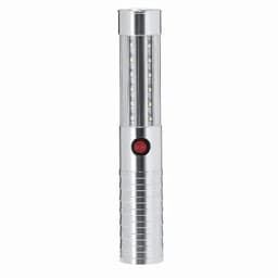 A portable flashlight with a silver body, featuring two rows of LED lights and a red power button.