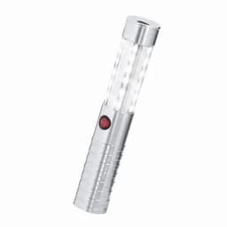 A silver flashlight with multiple LED lights and a red power button. It has a sleek, cylindrical design.