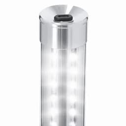 A clear drink bottle with a silver lid and integrated LED lights on the interior.