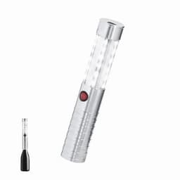 A flashlight with a silver body and a black grip, featuring multiple LED lights and a red button.