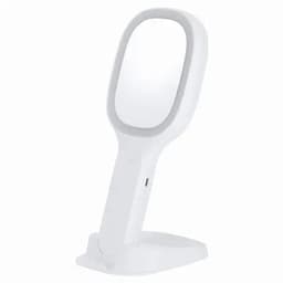 A handheld mirror with a white frame and a stable base, featuring a sleek design and compact size.