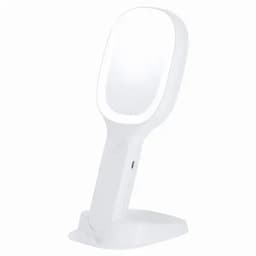 A handheld mirror with a white frame, designed to stand on a base for stable support.