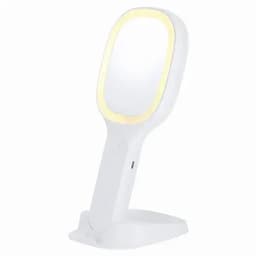 A handheld mirror with a white frame and built-in light, resting on a stand.