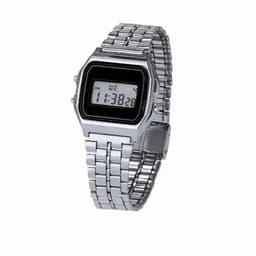 A digital watch with a black screen and silver metal strap, featuring a square case design.