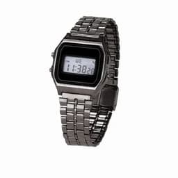 A digital watch with a rectangular face and a metallic strap in silver. It features a black display and a stainless steel construction.