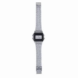 A digital watch with a square face and a metallic silver bracelet, featuring a digital time display.