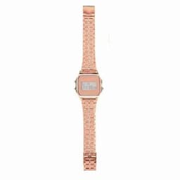 A digital watch with a rose gold metallic band and a rectangular face displaying the time. Features a branded logo.