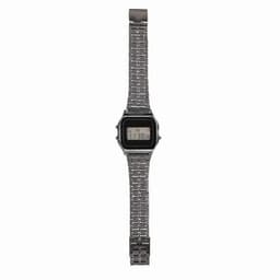 A digital watch with a rectangular face and silver metal strap, featuring a simple black display and logo.