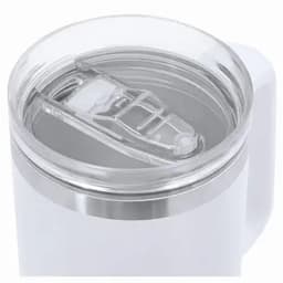 An insulated mug in white with a transparent lid. It has a handle and features a logo.