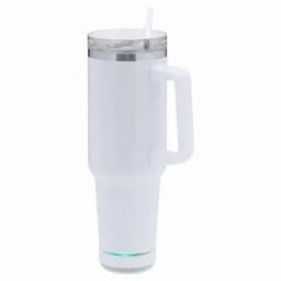 A drink bottle in white with a clear lid, handle, and a straw, featuring a base with a logo.