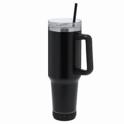 A drink bottle in black with a clear lid and a straw, featuring a sturdy handle for easy carrying.