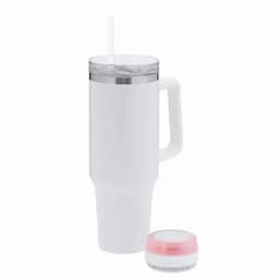 A white drink bottle with a clear lid, straw, and handle, alongside a small round container.
